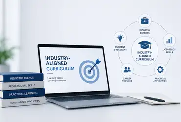 Industry-aligned curriculum displayed on laptop with icons for job-ready skills, practical learning, and career-focused training